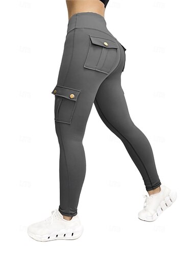  Leggings de fitness de estilo utilitario para mujer. Son leggings deportivos ajustados, de cintura alta, elásticos y con un diseño que realza los glúteos, adecuados para yoga. También vienen con
