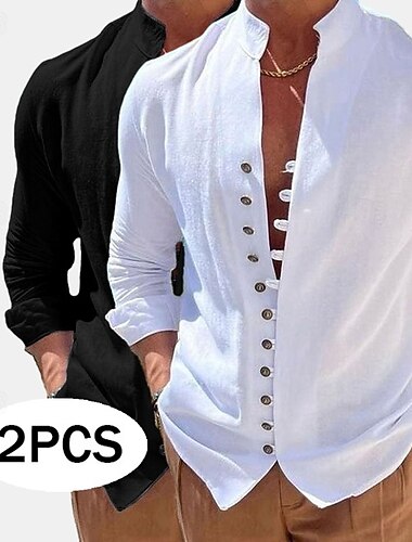  Hombre Camisa Camisa de lino Camisa de verano Camisa casual Abotonar la camisa Plano Vacaciones Maldición Verde + rosa Verde+Caqui Azul+Caqui Caqui+Naranja Manga Larga Cuello alto Verano Primavera