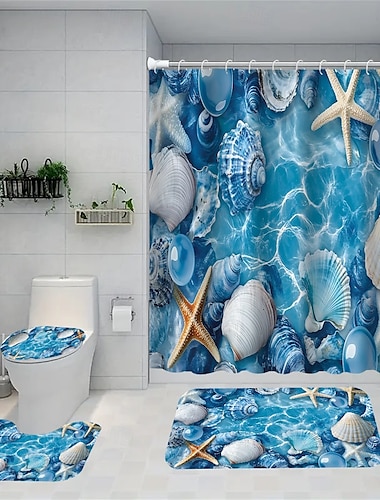  オーシャンビーチシリーズ ヒトデ クラゲ シャワーカーテンセット 装飾アートパターン ホームバスルームカーテン トイレシート装飾 シャワーカーテン カーペット カーペットとトイレ蓋付きシャワーカーテン 12 70.8x70.8インチ