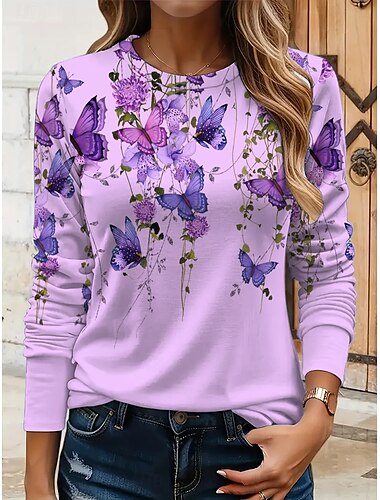  Damskie Podkoszulek Kwiaty Graficzny Motyl Zabytkowe Elegancki Klasyczny Długi rękaw Półgolf Okrągły dekolt Zwykłe topy Codzienny Nadruk Czarny Biały Żółty Rumiany róż Niebieski Lato Wiosna Jesień