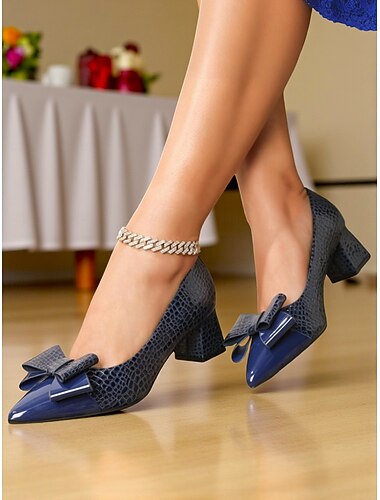  Sapatos vintage femininos de couro envernizado com relevo de crocodilo - scarpins marrons de bico fino com laço grande e salto bloco para escritório, chás da tarde e roupas inspiradas nos anos 1950