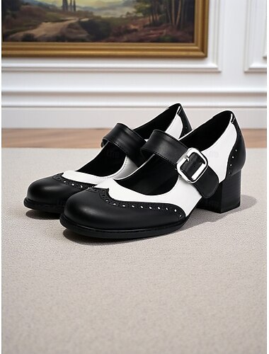  Sapatilhas Mary Jane Brogue vermelhas e pretas para mulheres – sapatos escolares retrô de couro sintético com fivela ajustável para roupas, fantasias e uso diário inspirados nos anos 1960