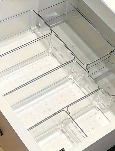  7 darabos átlátszó műanyag fiókos rendszerező készlet, egymásra rakható sminktároló rekeszek kozmetikumokhoz, irodaszerekhez és íróasztal rendszerezéséhez, tartós pipereszekrény-elválasztók,