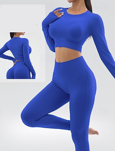  Női 2 darab Jóga melegítőruha Lounge öltözékek Varrás nélküli leggings Ősz Tömör szín Ruházat Fekete Tengerészkék Edzőterem edzés Röplabda Futás Magas derék Gyors szárítás Légáteresztő Hosszú ujj