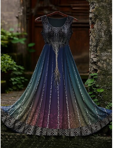  Damen Vintage Wikinger Keltischer Knoten Farbverlauf Kunst Maxikleid Sommerkleid A-Linien Kleid Unterkleid Plisseekleid Urlaub Casual Boho Strand Regular Fit Grafik Ärmellos U-Ausschnitt