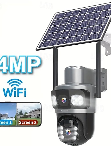  Kabellose Überwachungskamera für den Außenbereich mit Doppelobjektiv, solarbetrieben, 8-Megapixel-Auflösung, 355-Grad-Schwenk-/Neige-Drehung, Farbnachtsicht, Scheinwerfer/Alarm, Bewegungserkennung,