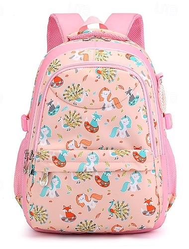  Mochila rosa de desenho animado para meninas – mochila escolar à prova d'água com estampa de unicórnio e animal para crianças do jardim de infância e do ensino fundamental