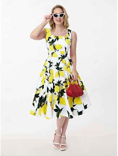  Retro / vintage 1950-tallet Rockabilly Knelengde Kjoler A-linje kjole Swing kjole Blomstret Frukt A-linje Kostyme Dame Karneval Maskerade Feriereise Fritid / hverdag Retro-temafest Voksne Kjole Vår