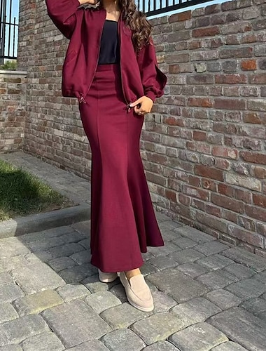  Women's Dress Set Summer Dress Midi Dress Casual Plain Zipper Maxi Dress Long Sleeve V Neck Outdoor Date Black Wine Coffee Summer Loose Fit