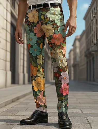  Herr Kostymbyxor Långbyxor Blomtryck Blommor Fullängd Utomhus Semester Dagligen Ledigt Formell Blå Grå Microelastisk