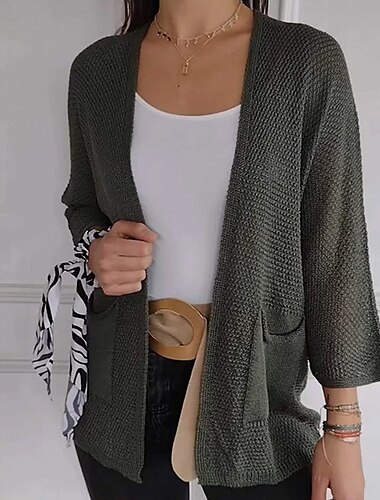  Mujer Pulóveres Cárdigan Moda Ropa de calle Diario Color sólido Estriado Frente Abierto De Punto Manga 3/4 Tops regulares Tejer Festivos Noche Fin de semana Verde Ejército Azul Marino Primavera Otoño