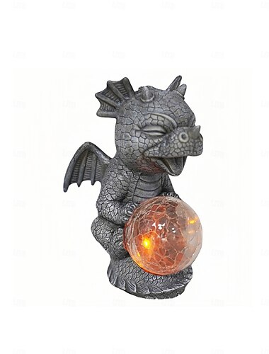  クリエイティブなドラゴンのガーデン像ランプ かわいい樹脂製ドラゴンの赤ちゃん、魔法の球体を持ち、ソーラーLEDライト付き、屋外ガーデンオーナメント用 1個