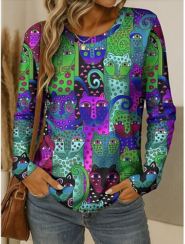  T-shirt da donna manica lunga tunica grafica animale leopardata vintage elegante classica colletto rotondo top regolari stampa quotidiana blu viola arancione verde autunno