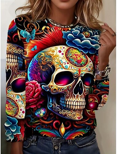  Damen T Shirt Grafik Halloween Vintage Stilvoll Klassisch Langarm Rundhalsausschnitt Normale Oberteile Täglich Sport Ausgehen Druck Schwarz Grau Sommer Frühling Herbst