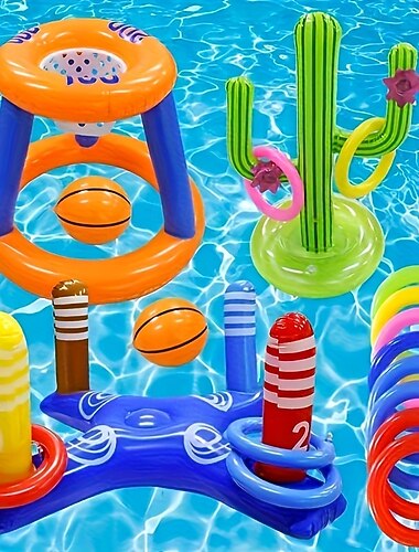 プールフローティングおもちゃゲーム - 水上バスケットボールフープと輪投げセット 夏の楽しい水遊び用アクセサリー
