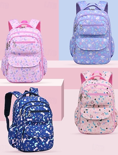  女の子用のかわいいプリント柄のスクールバックパック。ハート型のジッパーチャーム付き。小学生・中学生向けの軽量防水マルチポケットブックバッグ。ピンク、パープル、ブルー、ベージュの4色展開。
