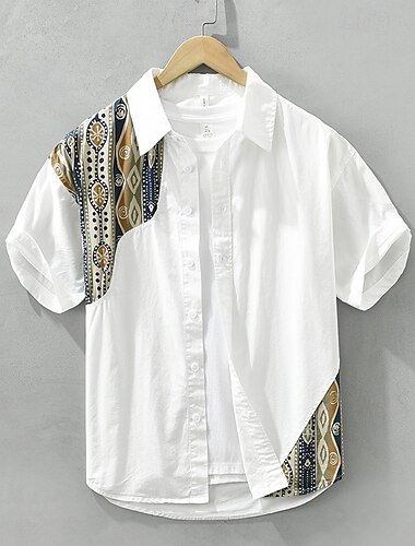  Herren Hemd Leinenhemd Freizeithemd Knopfhemd Baumwollhemd Argyle Urlaub Straße Schwarz Weiß Kurzarm Umlegekragen Sommer Bekleidung Druck