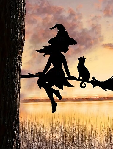 1 Stück bezaubernde Hexe &Katzengartendeko - langlebige Gartenkunst aus Eisen mit fliegendem Besen, perfekt für Halloween &Außenbereiche Baumstumpf einfügen Outdoor Garten Dekorgruselige Themen-Dekor