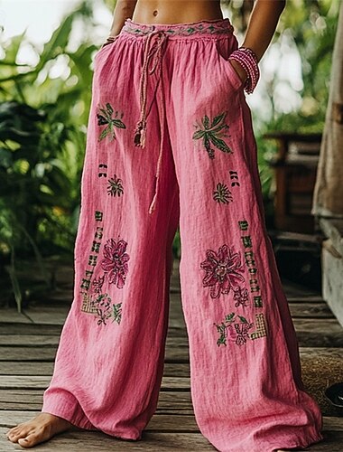 Damen Weites Bein Hosen Hose Palazzo-Hose Mode Boho Volle Länge Hohe Taille Blume Elastischer Bund Kordelzug Druck Atmungsaktivität Bequem Straße Alltagskleidung Ausgehen Rosa Frühling Herbst Normale