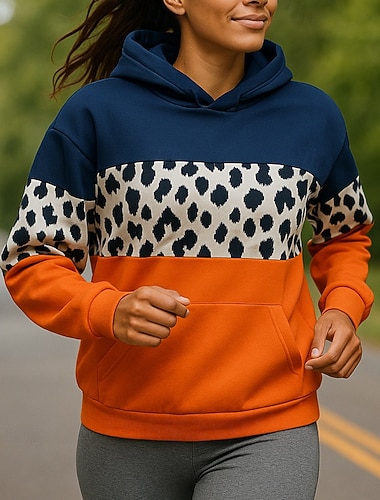  Mulheres Bloco de cor Moletom com capuz Moletons casuais Outono/Inverno Manga Longa Roupa Esportiva Proteção Solar A Prova de Vento Corrida Exterior Laranja Roupa de esporte Roupas Esportivas