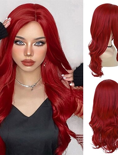  Perruques rouges chaudes de 22 pouces de long pour femmes perruque bouclée de partie latérale vague taille moyenne fibre synthétique cosplay lierre vénéneux perruque Ariel pour la fête costumée