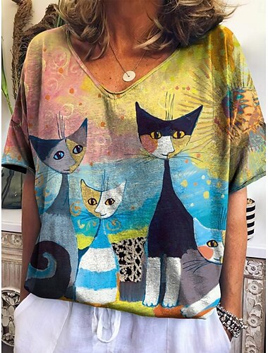  Per donna Maglietta Floreale Gatto Moda Moderno Casual Manica Corta Scollo a V Top Regolari Quotidiano Weekend Stampato Rosso Blu Verde Grigio Estate