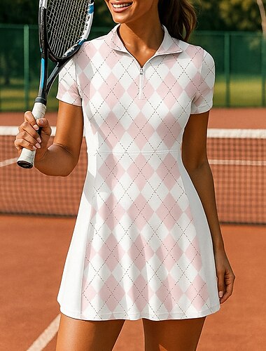  女性用 テニスドレス ショートパンツ付き スポーツドレス ２個 半袖 プリント 高通気性 吸汗性 テニス ゴルフ ランニング ポロカラー チェック 格子柄 オープンバック ピンク テニスウェア