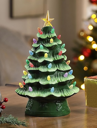  セラミック製のクリスマスツリー、多色のライトと星が付いたライト付き卓上サンタクロースクリスマスツリー、オフィスのテーブルに飾るクリスマスデコレーション用の電池式ヴィンテージセラミックツリー