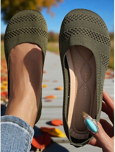  Bailarinas Flyknit amarillas con punta ancha para mujer: zapatos informales transpirables para el trabajo, viajes y salidas de primavera.