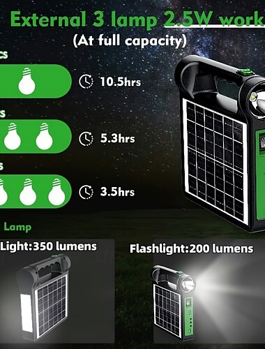  Kit generatore solare portatile da 6000 mAh con batteria al litio, luci a LED, caricabatterie USB, pannello di ricarica solare per campeggio all'aperto &uso domestico