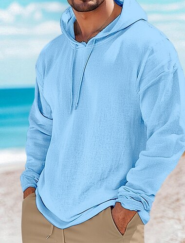  Homens Camisa Henley Camiseta de linho Manga Longa Com Capuz Verão Primavera Côr Sólida Tecido Vintage Boêmio Casual Borda Crua Férias Rua Casual Branco Rosa claro Azul Claro Top Tee para Homens
