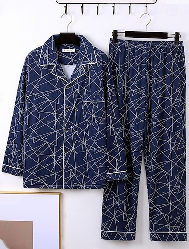  Pánské Noční prádlo Sady nočního prádla Pyžamový top a kalhoty 1 sada Písmeno Geometrické tvary Módní stylové Klasické Domů Denní Postel Polyester Pohodlné Yumuşak Prodyšné Klopa Dlouhý rukáv Košile