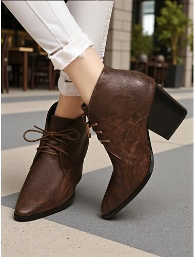  Bottines rétro à lacets et bout pointu pour femme - Bottines courtes à talon carré en similicuir pour l'automne, style urbain &tenues quotidiennes