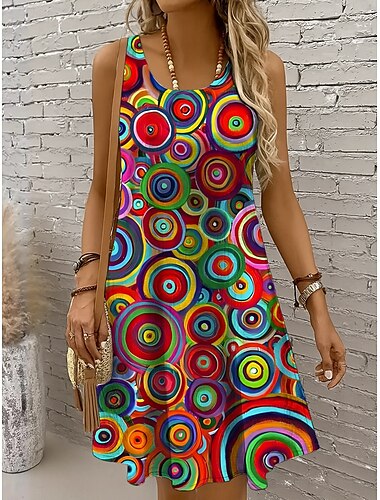  Dame Mini kjole Uformell kjole Solkjole Kjole med A-linje Off The Shoulder-kjole Ferie Fritid Bohem Ferie Strand Normal Grafisk Geometrisk Polkadotter Ermeløs Crew-hals Øsehals Gul Rød Blå Lilla