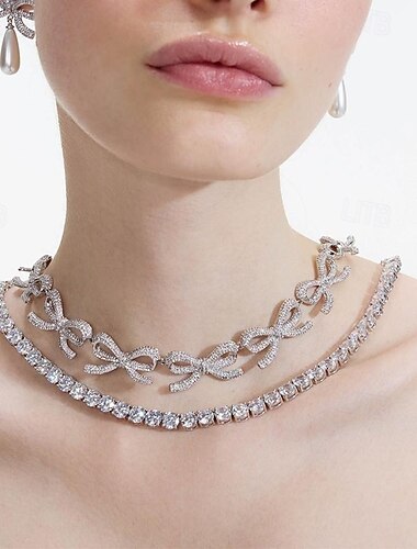  Gargantillas Zirconio Brillantes Mujer Moda Artístico Lujo Doble Capa Lazo Boda Forma de Círculo Gargantillas Para Boda Fiesta Diario