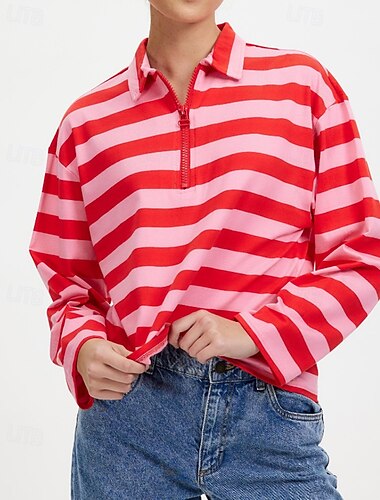  Damen Pullover Sweatshirt Sweatshirts Gestreift Lässig Langarm V Ausschnitt Normale Oberteile Straße Ausgehen Reißverschluss Schwarz Rote Kaffee Herbst
