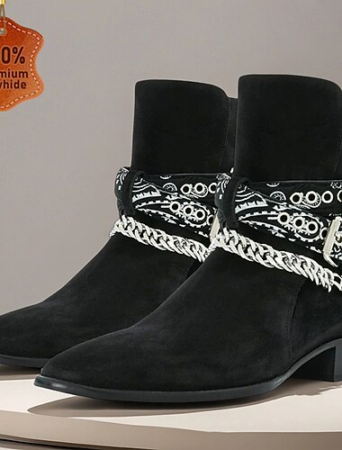  Botas masculinas de camurça preta com fivela no tornozelo – botas estilo cowboy gótico com decoração em corrente para shows de rock e streetwear