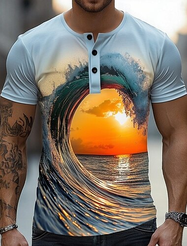  Homme Graphique 3D T-shirt Chemise Henley Manche Courte Designer Rétro Vintage Occasionnel Occasionnel Quotidien Rue Été Printemps Toutes saisons Bleu Ciel Henley T-shirt Henley