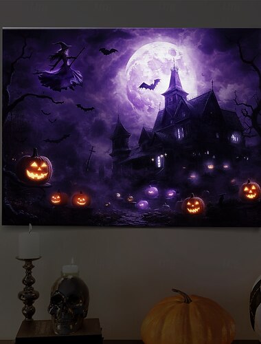  Halloweenská fialová obloha strašidelná scéna LED plátno nástěnné umění - bateriově osvětlená nástěnná dekorace pro halloween 2025 dekorace do obývacího pokoje a ložnice