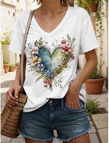  Per donna Maglietta Cuore Floreale Grafico Vintage Moda Hawaiano Manica Corta Scollo a V Top Regolari Quotidiano Uscire Weekend Stampato Nero Bianco Giallo Rosa Blu Estate Primavera