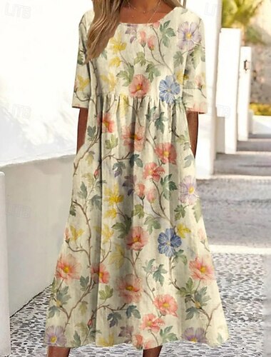  Per donna Abito Midi Vestito Casual Abito Floreale Classico Moderno All'aperto Quotidiano Ferie Vestibilità regolare Fiore Manica Corta Girocollo Giallo Blu Fucsia Albicocca Estate