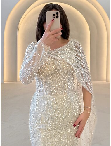 Sirène / Trompette Longueur au sol Robe de bal avec cape Robe de Soirée Tenue de soirée Élégant ancien Fente Haute manche longue Col en V Formel Mariage Pailleté avec Paillettes Fente Châle
