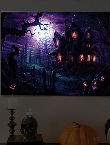  halloweeni LED-es vászon falikép, LED-es világító fali dekoráció, 2AA elemes világító vászonkép, LED-es világítás, konyhai hálószoba vagy lakberendezés, vízesés