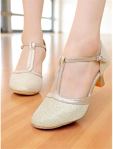  Damskie złote siateczkowe buty do tańca z paskiem w kształcie litery T – oddychające, niskie buty do tańca towarzyskiego, profesjonalne, latynoamerykańskie, dla dorosłych