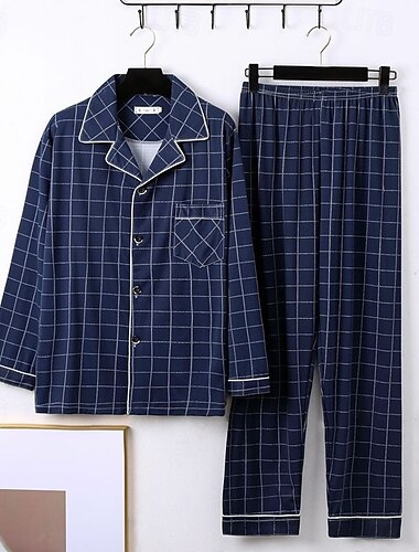  男性用 ネグリジェ パジャマセット パジャマトップとパンツ 1セット チェック ファッション スタイリッシュ クラシック 家 日常 ベッドサイド ポリエステル 履き心地よい ソフト 高通気性 ラペル 長袖 シャツ パンツ 弾性ウエスト ボタン 春 秋 ブルー グレー