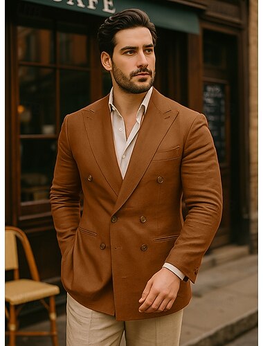 Da uomo Blazer 100% lino Formale Matrimonio Natale Elegante Vintage Estate Primavera 100% Lino Tinta unica Tasca Puro Doppiopetto Giacca Nero Bianco Arancione Verde militare