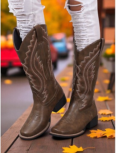  damskie kowbojskie buty w stylu western z haftowanymi przeszyciami – skórzane buty do połowy łydki na jesienne festiwale, do pracy na farmie i do wiejskich strojów
