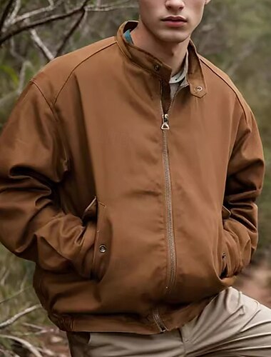  Men's Lightweight Jacket Casual Jacket Vacation Daily Pocket Spring Fall Plain Fashion Classic Stand Collar Regular Navy Blue Brown Khaki Jacket
