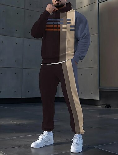  Per uomo Blocco di colori 2 pezzi Set di felpe 3D Tuta Felpa con Cappuccio Manica Lunga Pantaloni lunghi Con Cappuccio Sportivo Casual Quotidiano Athleisure Stampa 3D Primavera Autunno Inverno Marrone