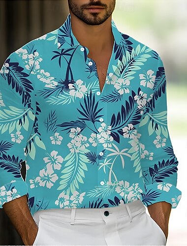  Herr Tropiska blommor Palmblad Skjorta Hawaii skjorta Knapp upp skjorta Långärmad Hawaiisk Helgdag Streetwear Sommar Vår Nedvikt 3D-utskrift krage skjortor Blå Grön Ljusblå Rosenröd